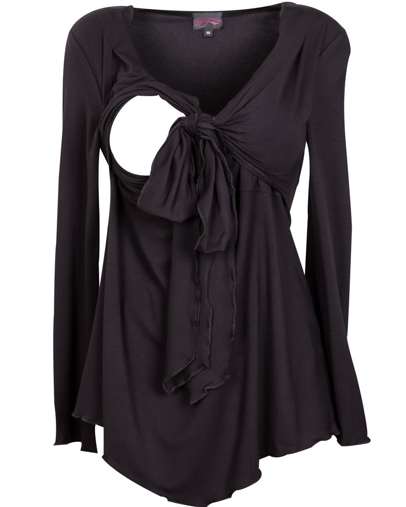 Black Tie Front Breastfeeding Top showing opening for nursing