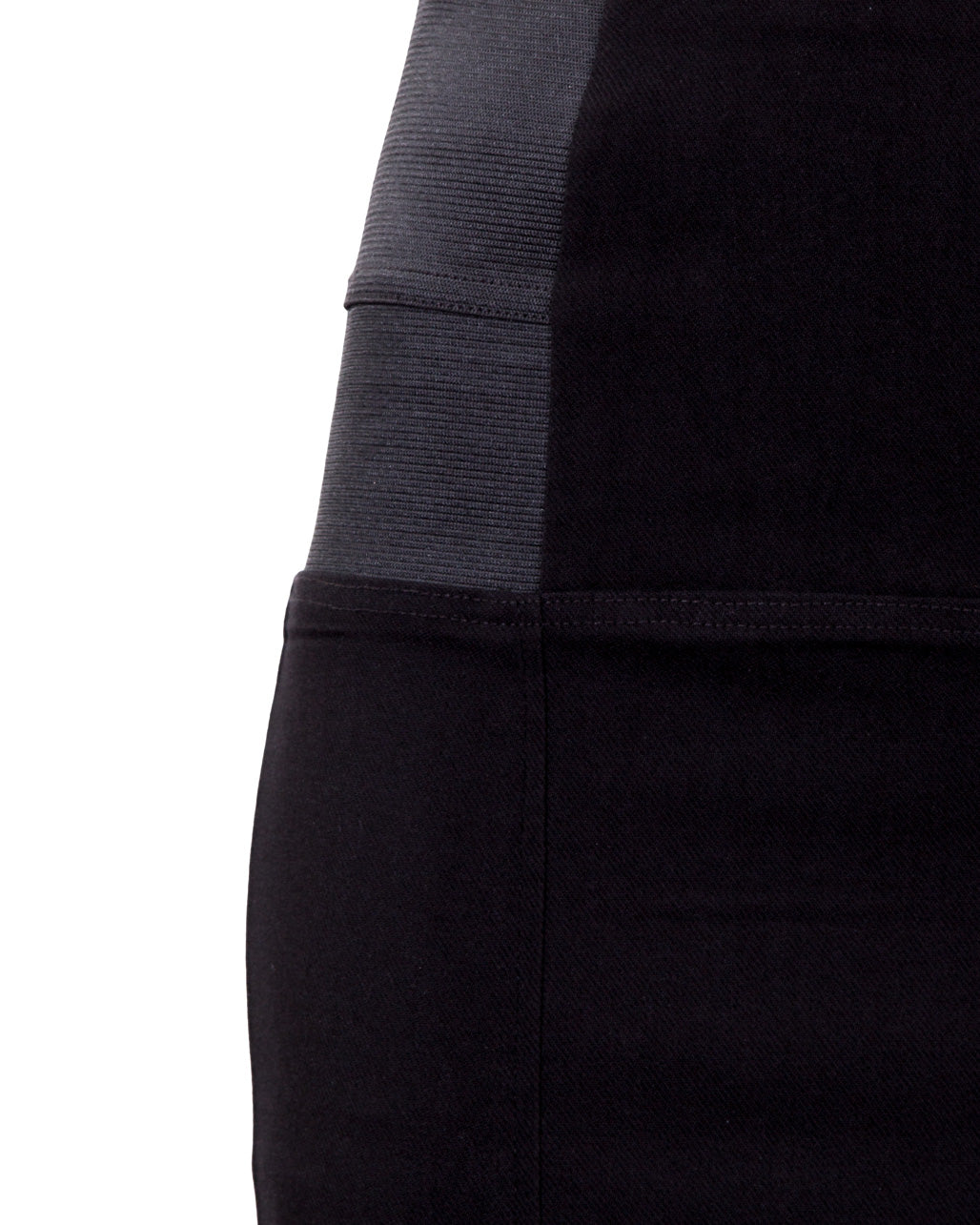 Black high waisted stretch skirt showing side elastic detail