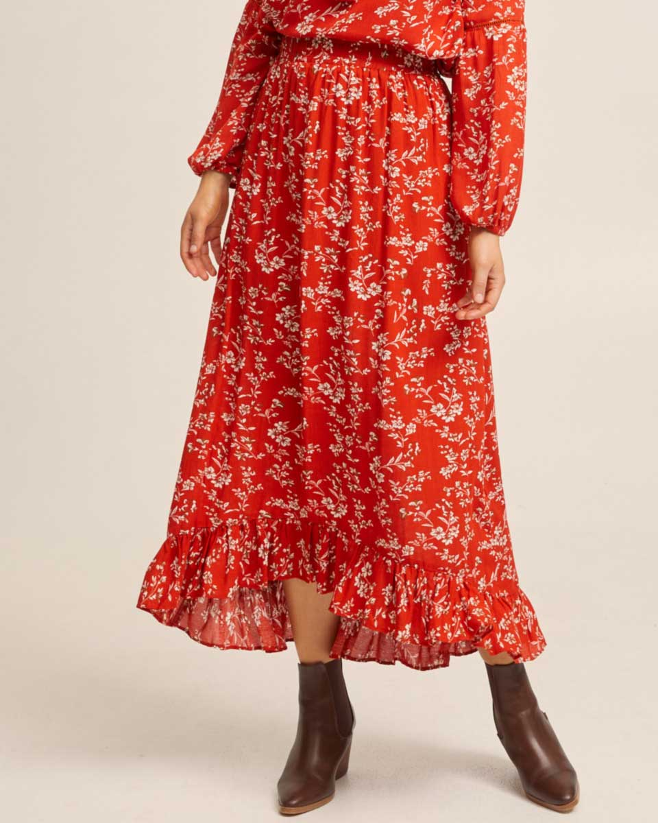 Ruffle Postpartum Maxi Skirt - Rust Red