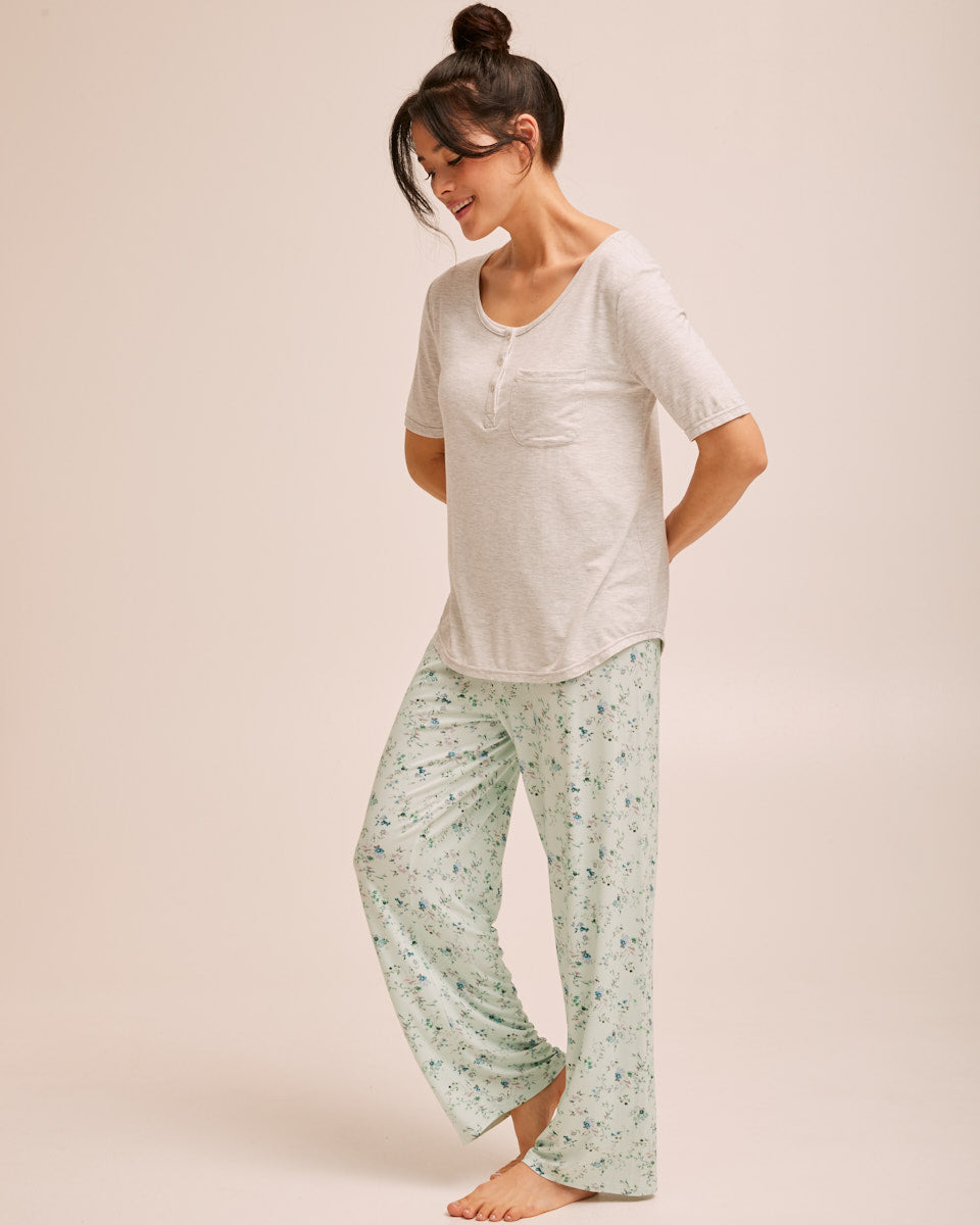 Button Tee Bamboo Breastfeeding Pyjama Set - Grey - Peachymama - 7