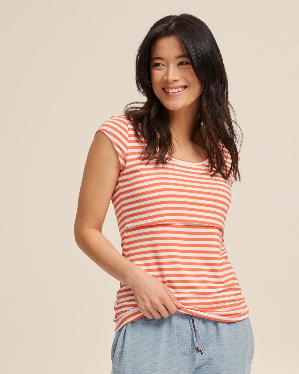 Bamboo Cap Sleeve Nursing Top - Coral Stripe - Peachymama - 1