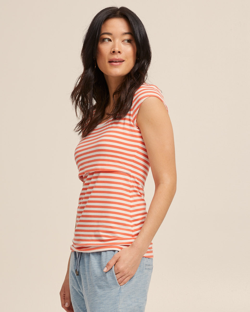 Bamboo Cap Sleeve Nursing Top - Coral Stripe - Peachymama - 3