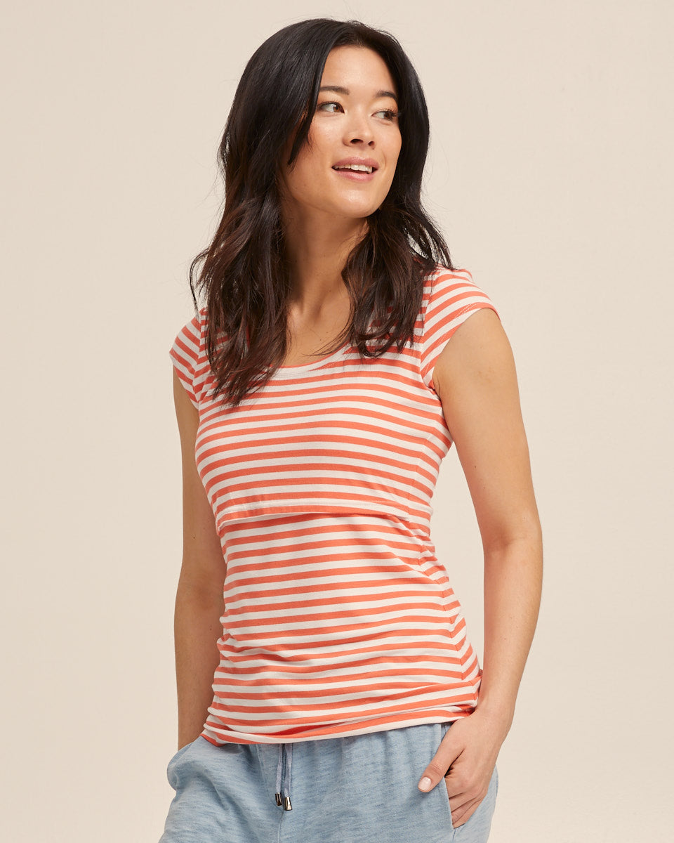 Bamboo Cap Sleeve Nursing Top - Coral Stripe - Peachymama - 4