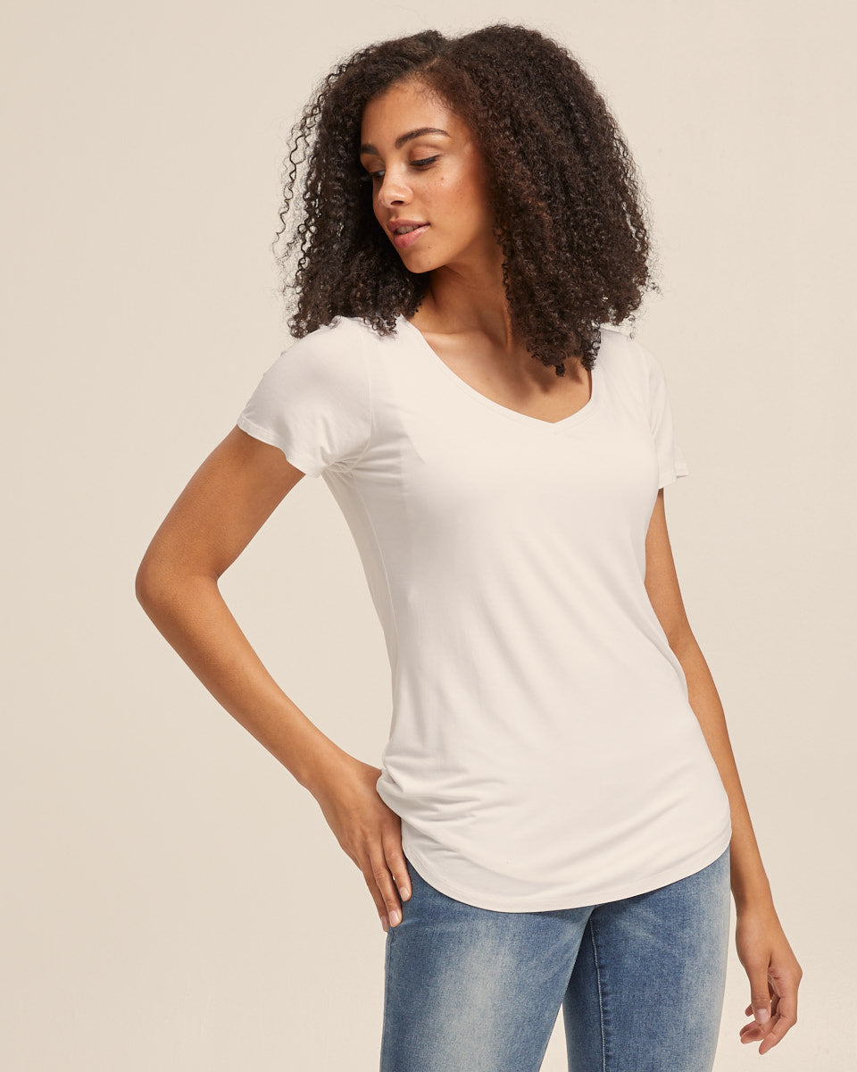 V Neck Bamboo Nursing Tee - White - Peachymama - 1