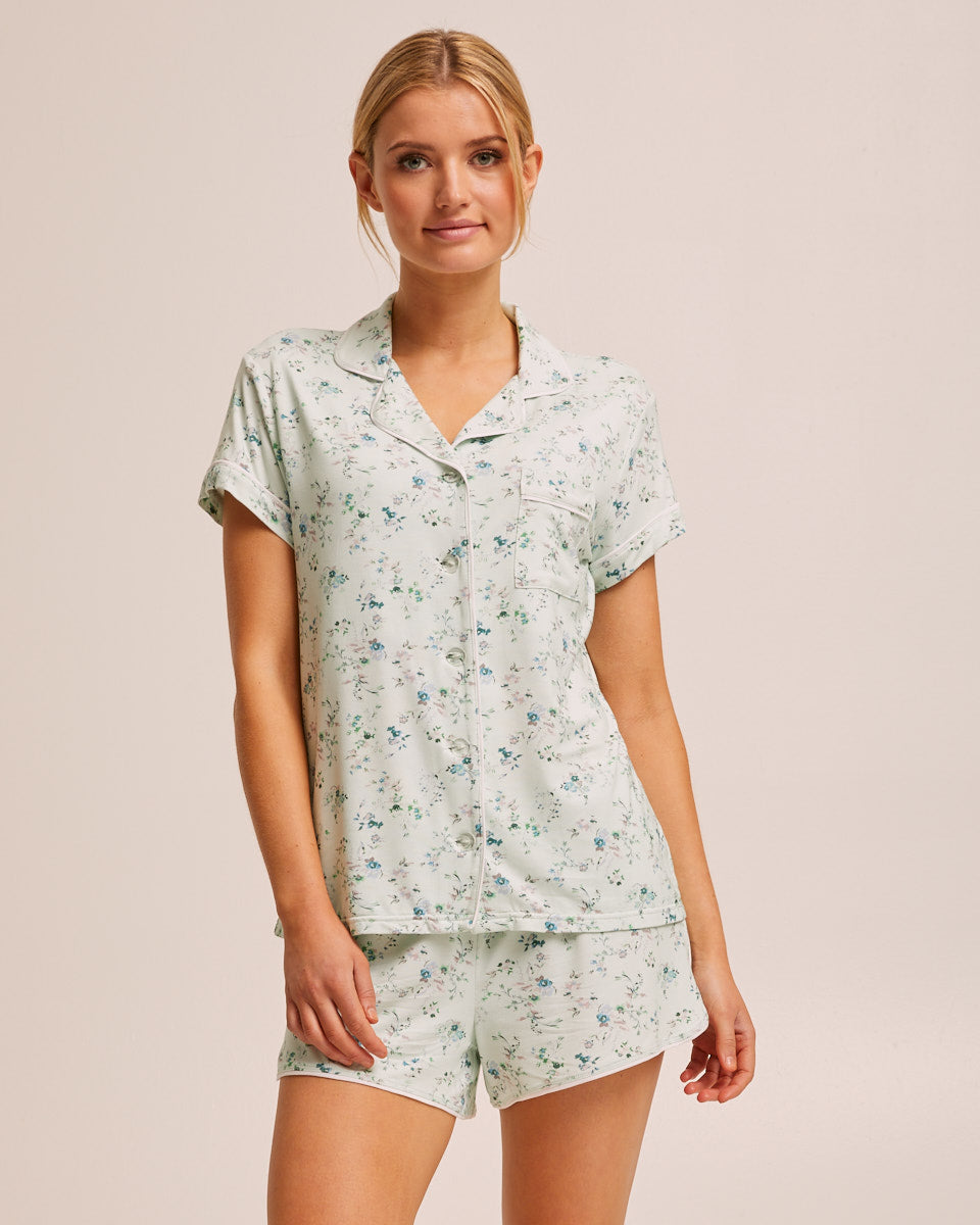 Short Sleeve Bamboo Button Nursing Pyjama - Sage Floral - Peachymama - 1