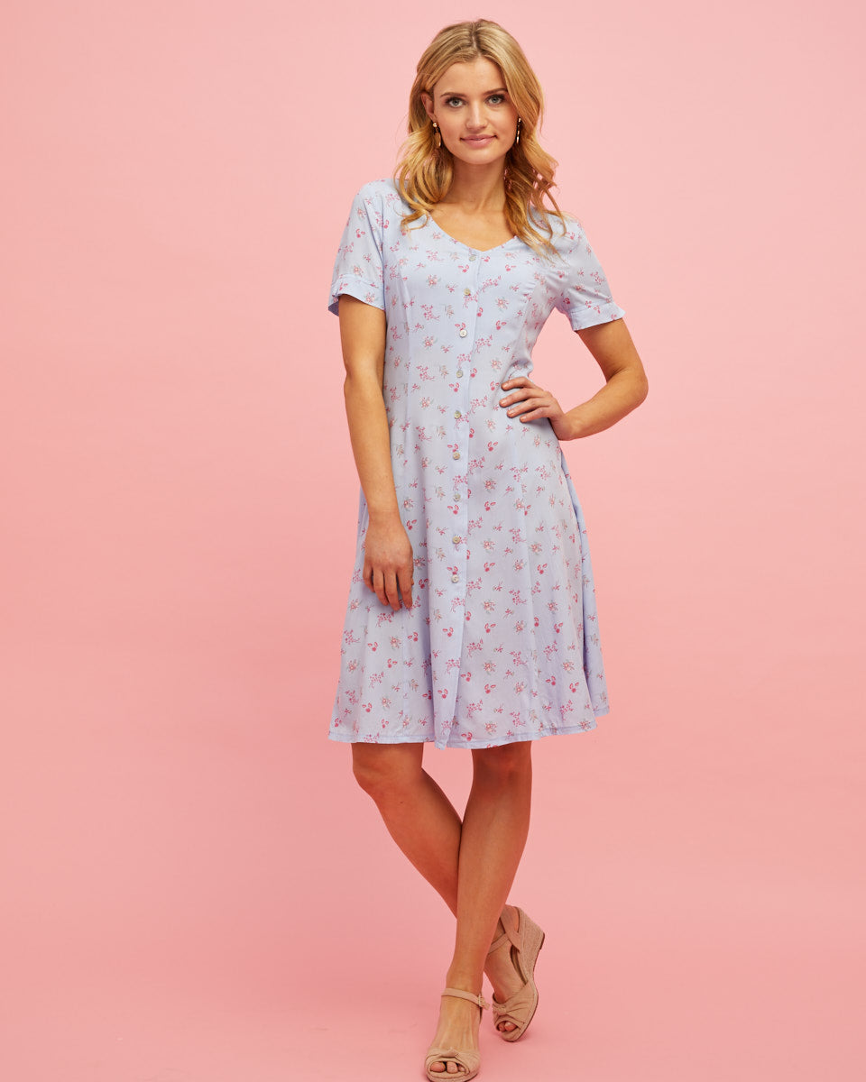 Button Front Nursing Dress - Sky Blue Floral - Peachymama - 3