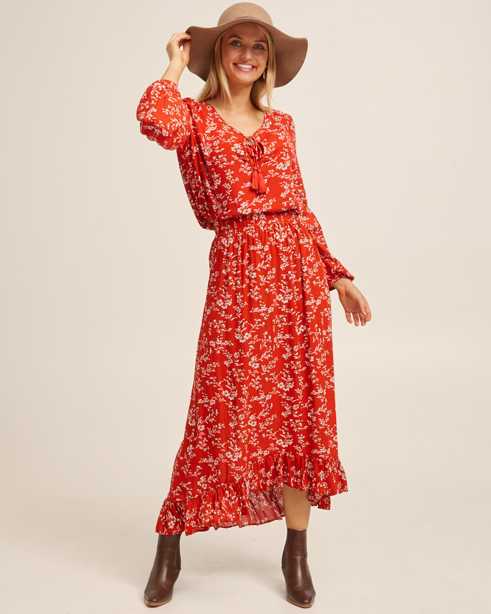 Ruffle Postpartum Maxi Skirt - Rust Red