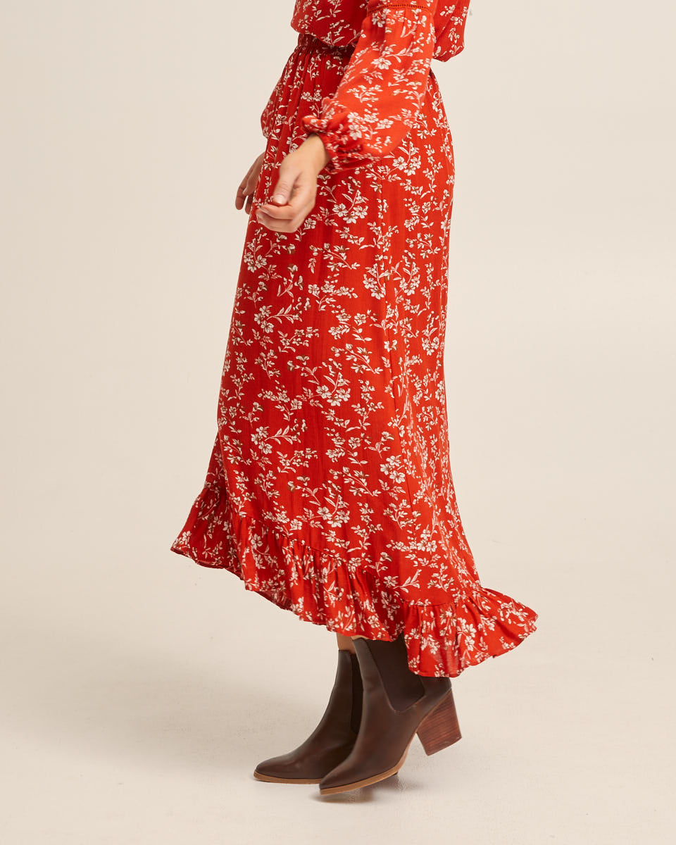 Ruffle Postpartum Maxi Skirt - Rust Red