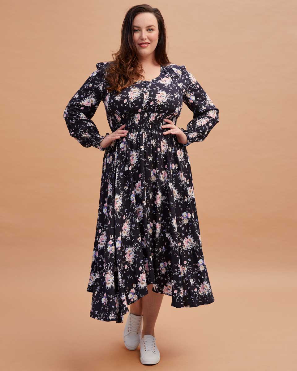 Shirred Nursing Dress - Black Floral Print