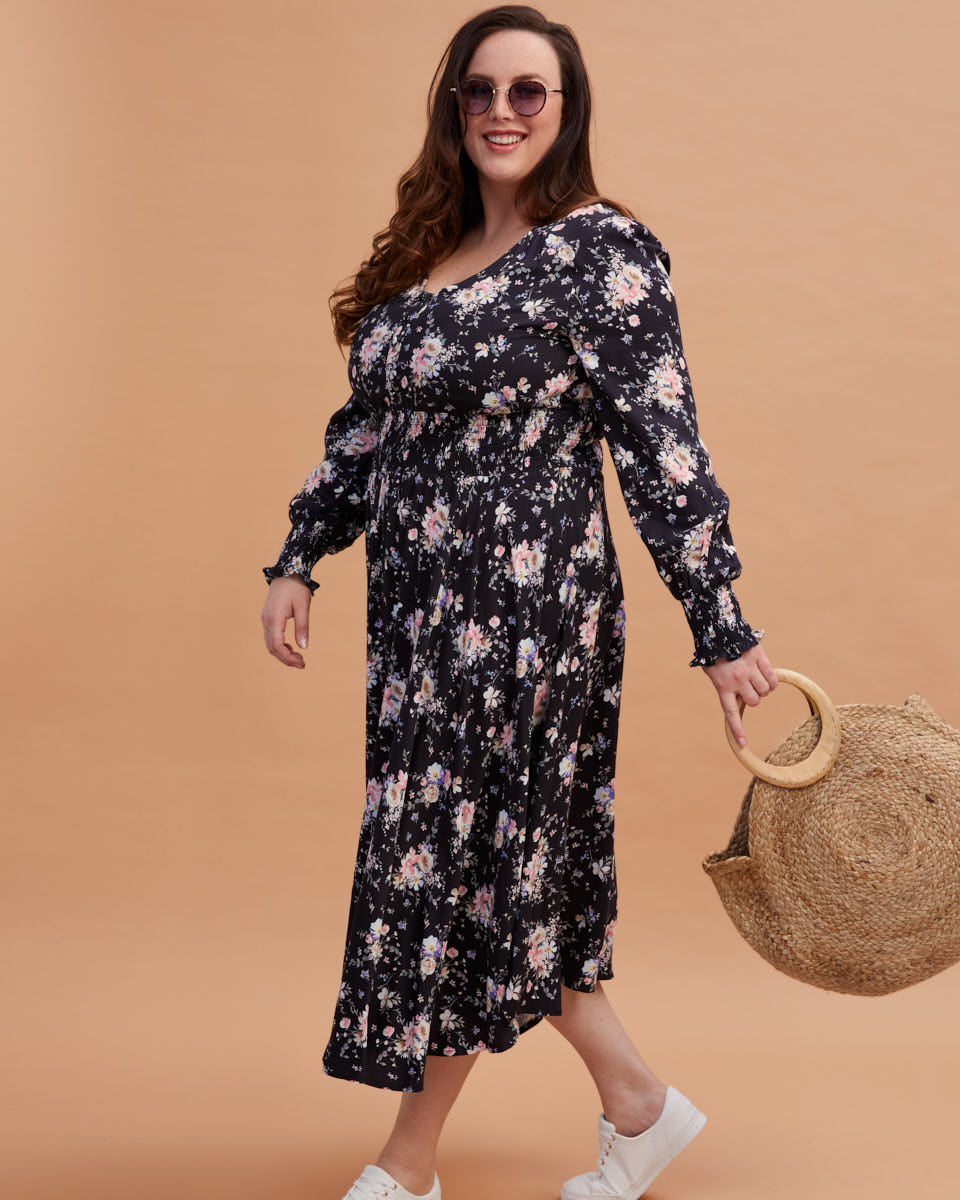 Shirred Nursing Dress - Black Floral Print