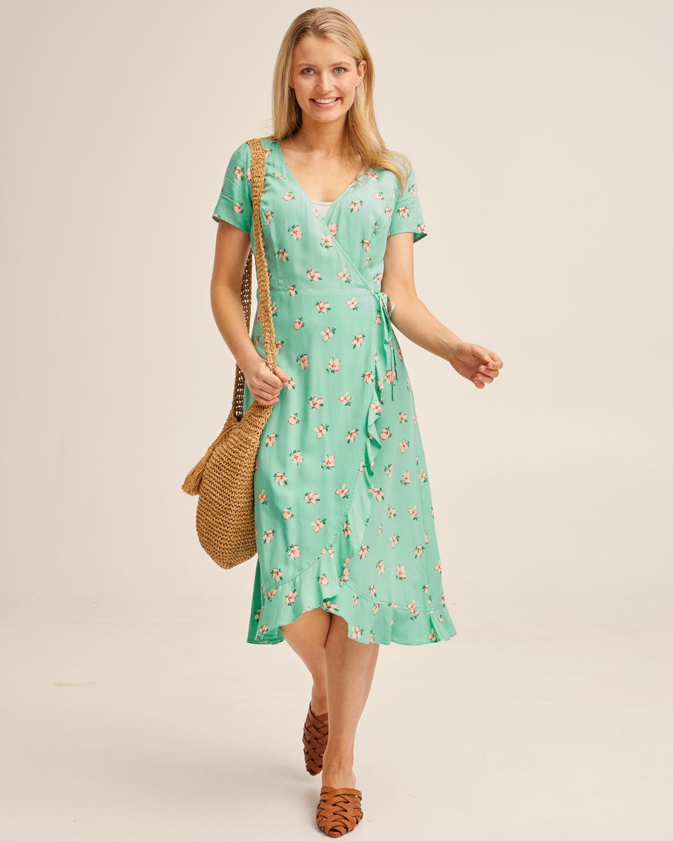 Ruffle Nursing Wrap Dress - Green Floral - Peachymama