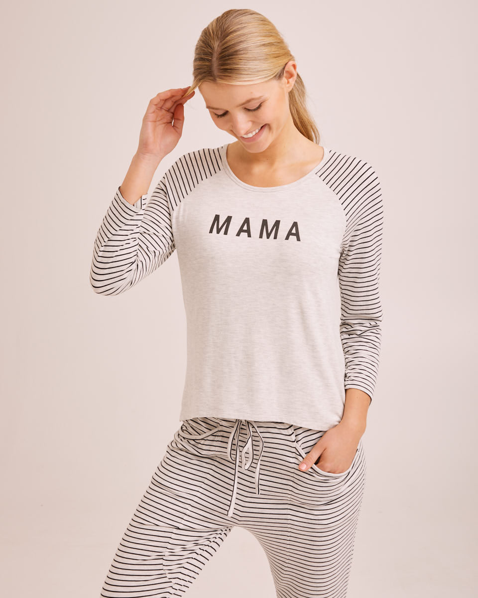 Mama Nursing Pyjamas - Black/Oatmeal Stripe