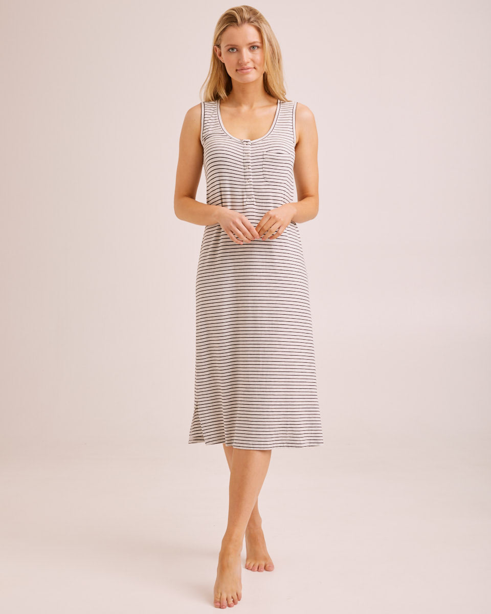 Bamboo Midi Nursing Nightie Black Oatmeal Stripe Peachymama