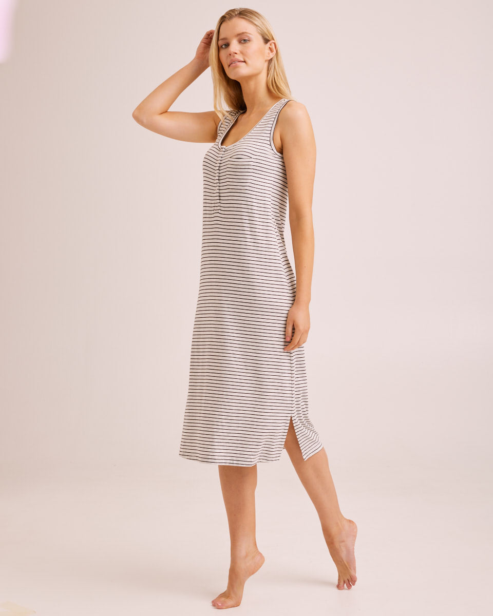 Bamboo Midi Nursing Nightie - Black/Oatmeal Stripe