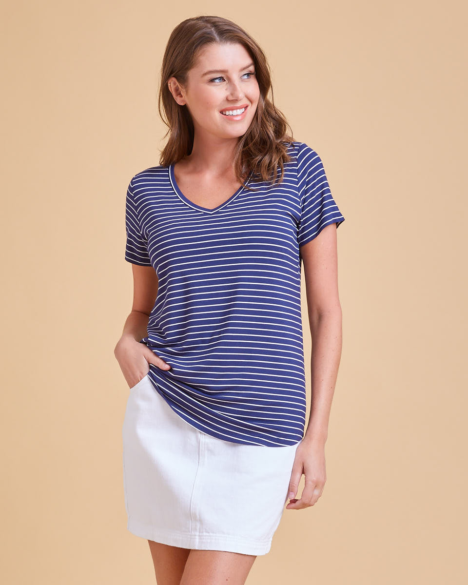Bamboo V Neck Tee - Navy Stripe - Peachymama