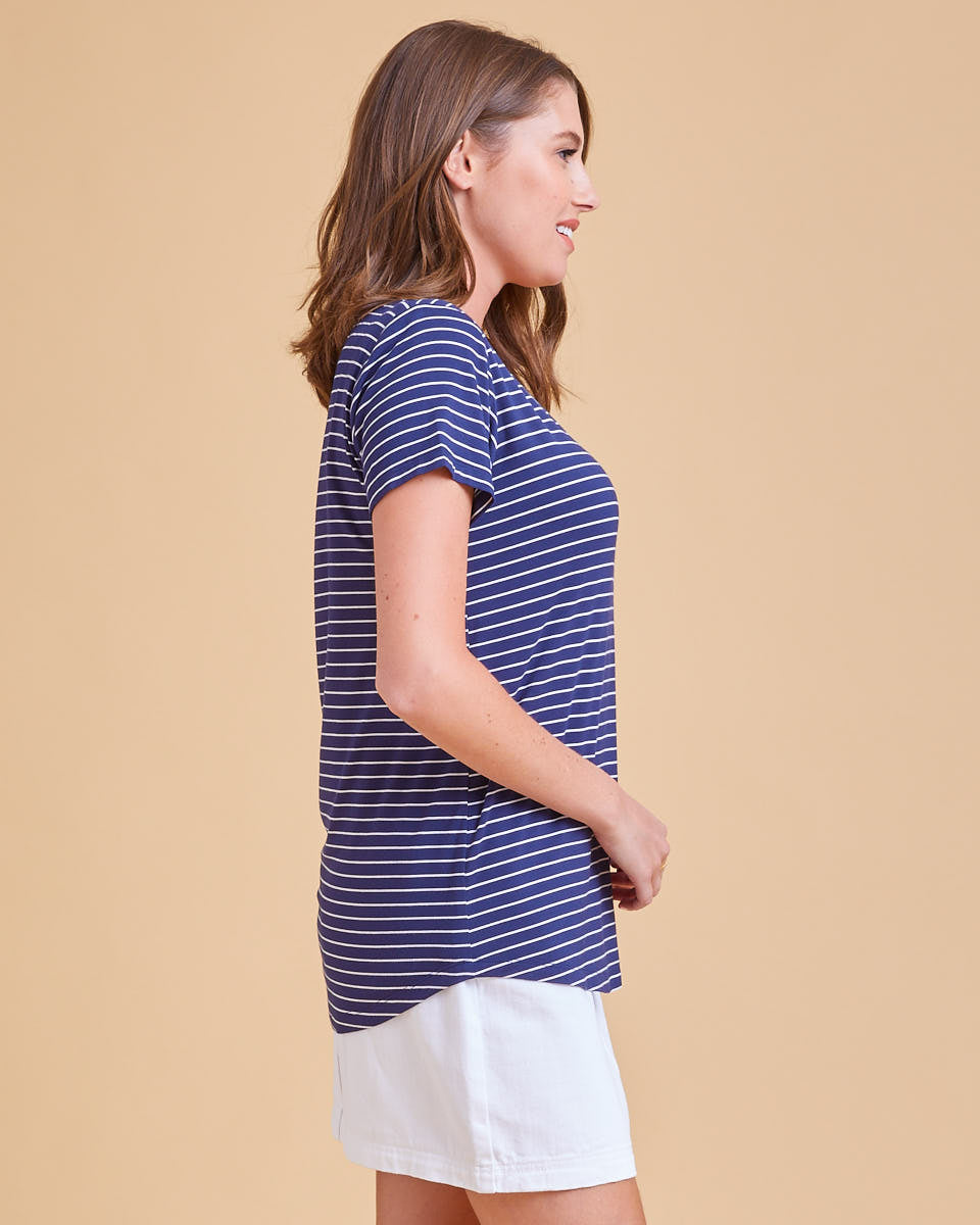 Bamboo V Neck Tee - Navy Stripe - Peachymama