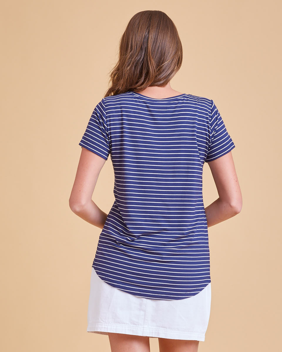 Bamboo V Neck Tee - Navy Stripe - Peachymama
