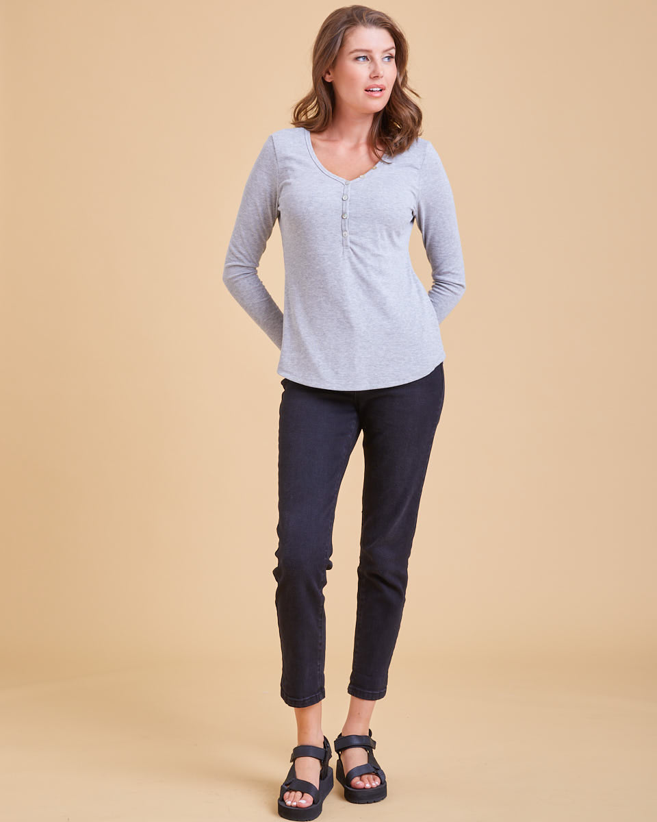 Rib Henley Nursing Top - Grey Marle