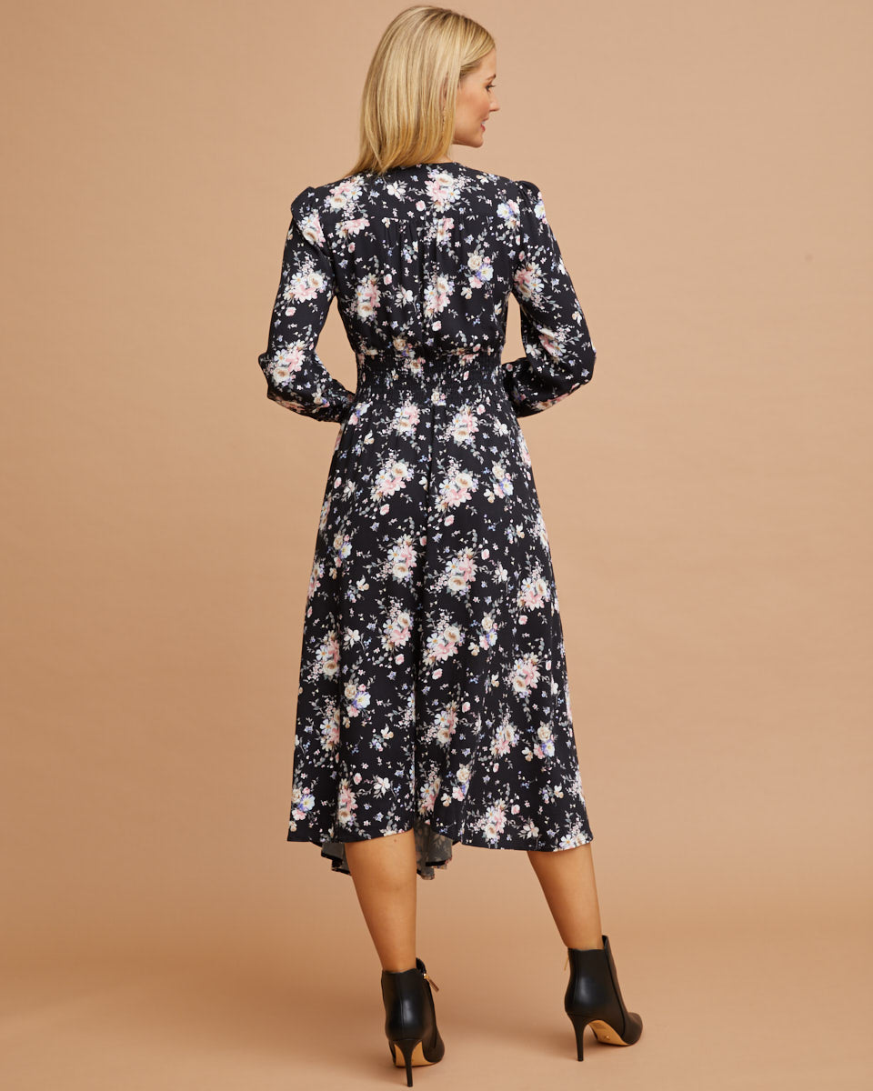 Shirred Nursing Dress - Black Floral Print